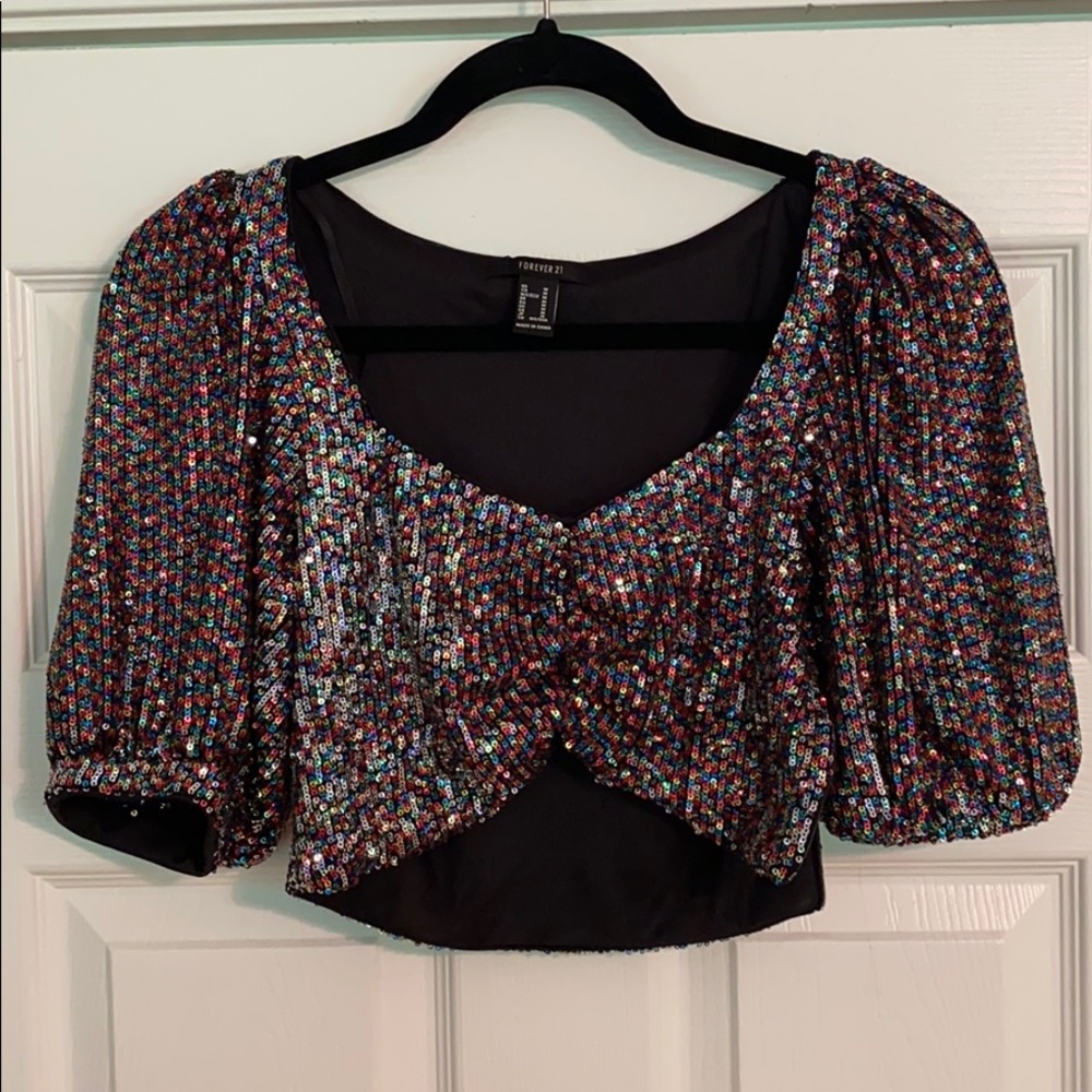 Forever 21 sequin puff sleeve crop top